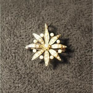 Vintage 14K Yellow Gold Seed Pearl Flower Pendant Brooch Pin